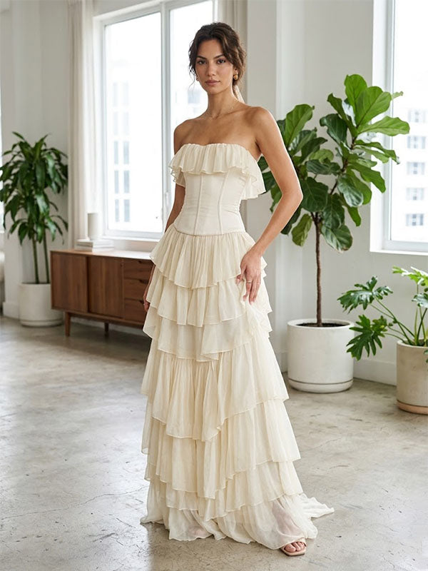 Gorgeous Ivory Strapless Layered Chiffon Lace Up A Line Long Prom Dress Party Gown