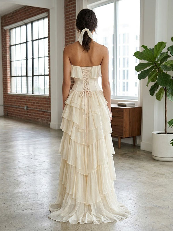 Gorgeous Ivory Strapless Layered Chiffon Lace Up A Line Long Prom Dress Party Gown
