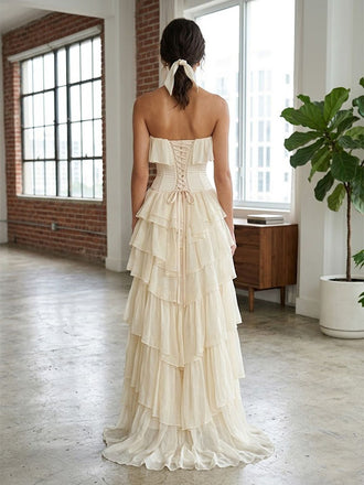 Gorgeous Ivory Strapless Layered Chiffon Lace Up A Line Long Prom Dress Party Gown