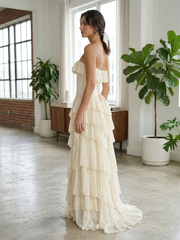 Gorgeous Ivory Strapless Layered Chiffon Lace Up A Line Long Prom Dress Party Gown