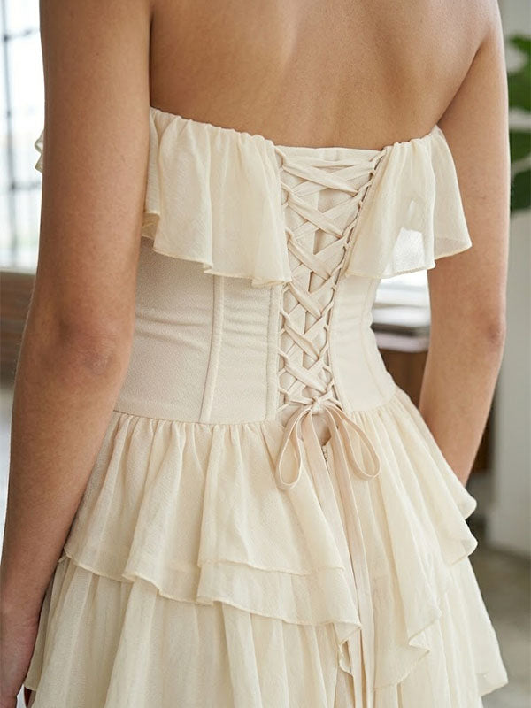 Gorgeous Ivory Strapless Layered Chiffon Lace Up A Line Long Prom Dress Party Gown