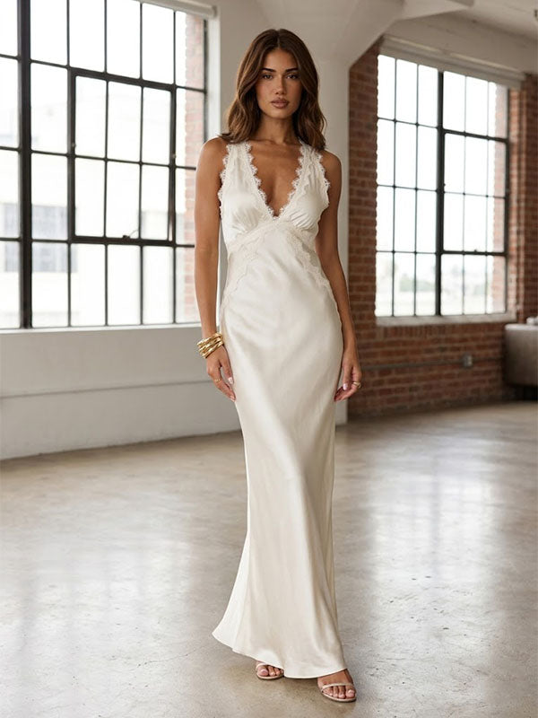 Sexy Satin V-neck Ivory Backless Lace Mermaid Long Prom Dress Party Gown
