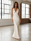 Sexy Satin V-neck Ivory Backless Lace Mermaid Long Prom Dress Party Gown