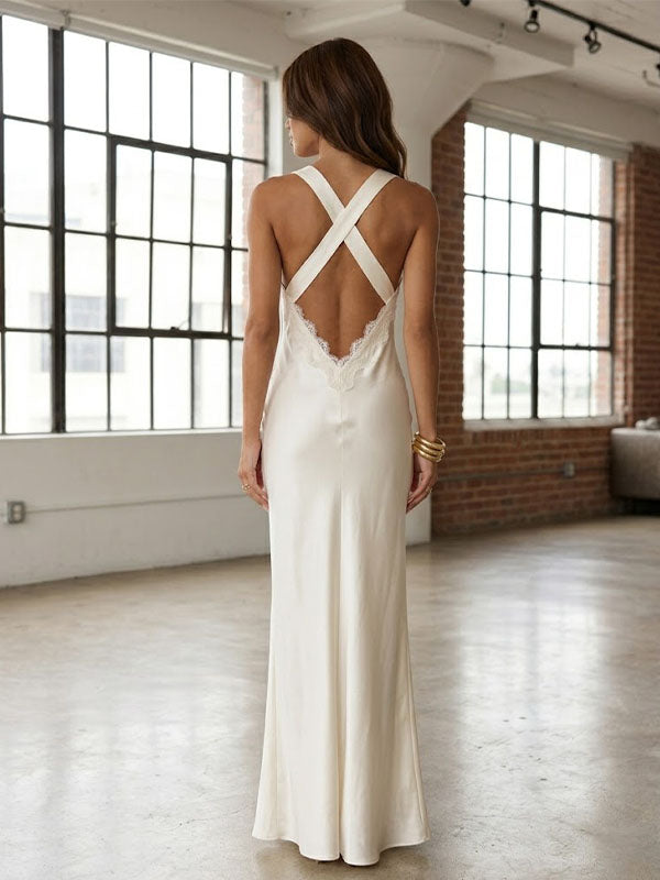 Sexy Satin V-neck Ivory Backless Lace Mermaid Long Prom Dress Party Gown