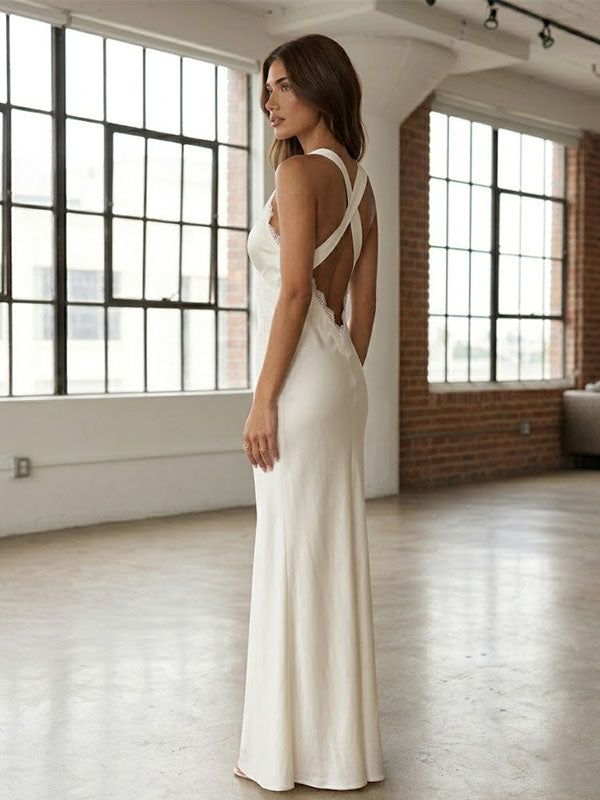 Sexy Satin V-neck Ivory Backless Lace Mermaid Long Prom Dress Party Gown