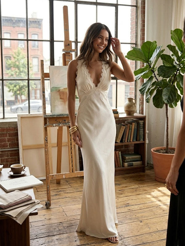 Sexy Satin V-neck Ivory Backless Lace Mermaid Long Prom Dress Party Gown