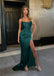 Simple Satin Dark Green Spaghetti Strap Side Slit Lace Up Mermaid Long Prom Dress,Wedding Guest Dress