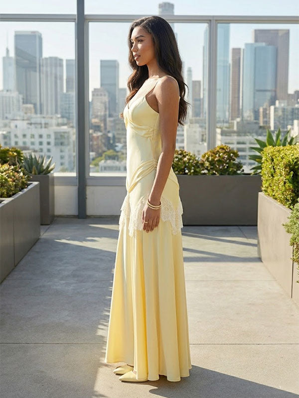 Butter Yellow Satin Maxi Dress – Lace Detail Wedding Guest Gown