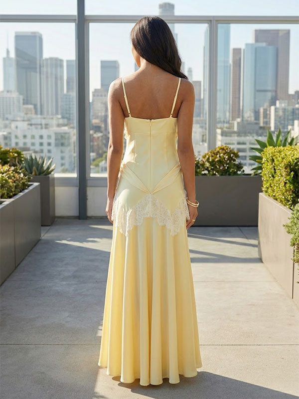 Butter Yellow Satin Maxi Dress – Lace Detail Wedding Guest Gown