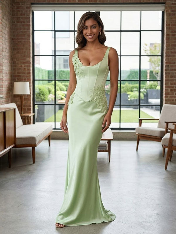 Sage Green Satin Corset Maxi Dress – Floral Applique Formal Gown