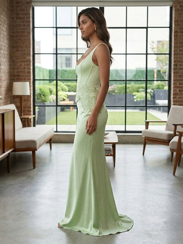 Sage Green Satin Corset Maxi Dress – Floral Applique Formal Gown