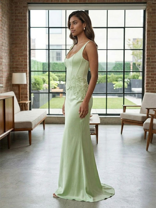 Sage Green Satin Corset Maxi Dress – Floral Applique Formal Gown