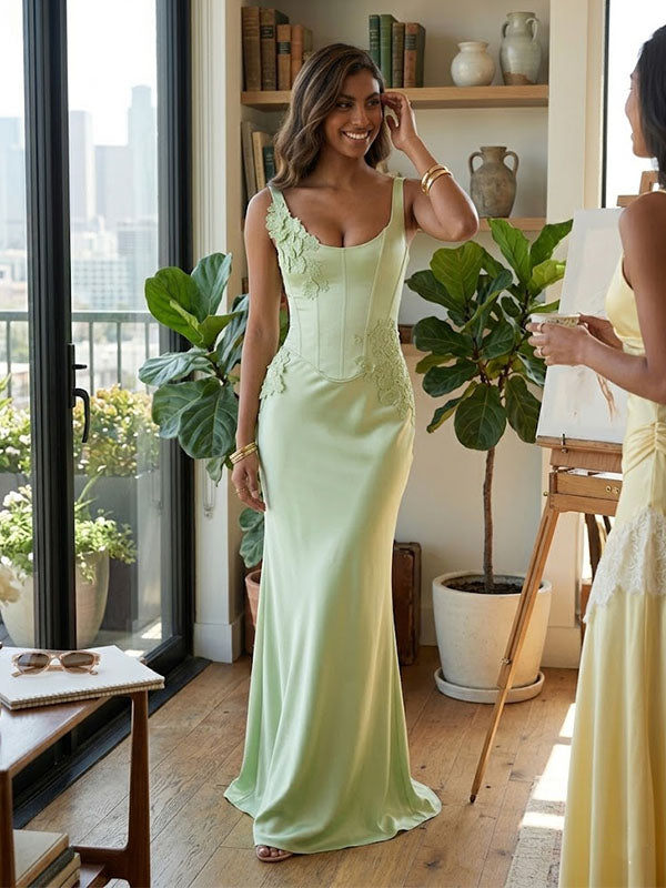 Sage Green Satin Corset Maxi Dress – Floral Applique Formal Gown