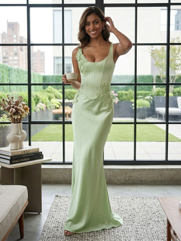Sage Green Satin Corset Maxi Dress – Floral Applique Formal Gown