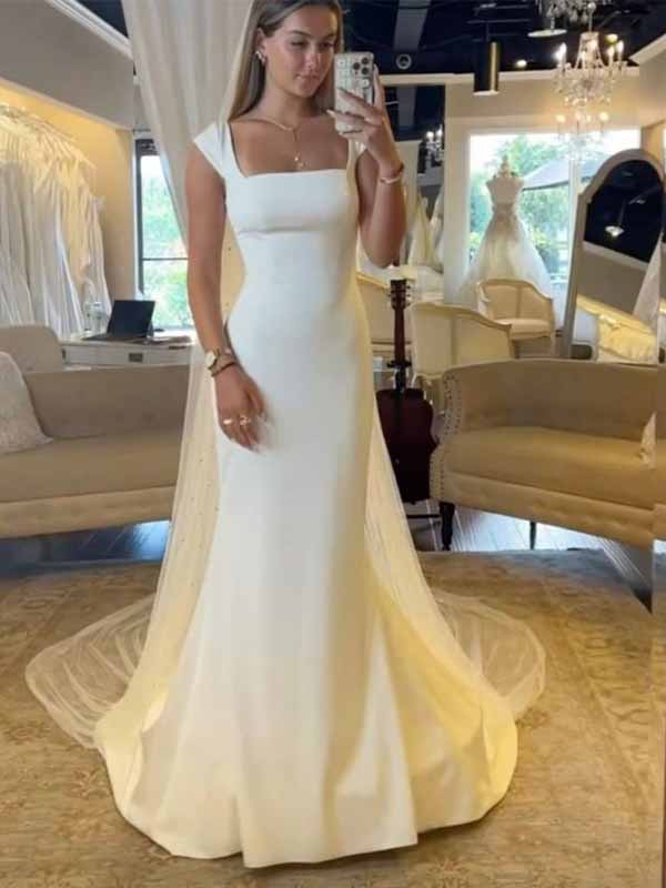 Elegant Satin White Square Straps Mermaid Long Wedding Dress