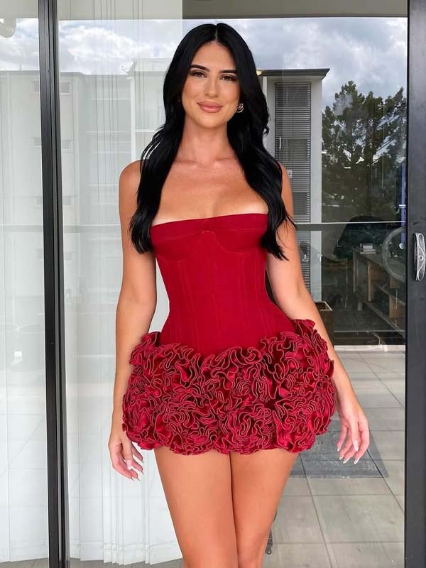 Retro Burgundy 3D Flower Lace-Up Square Strapless A-line Short Mini Dress Homecoming Dress