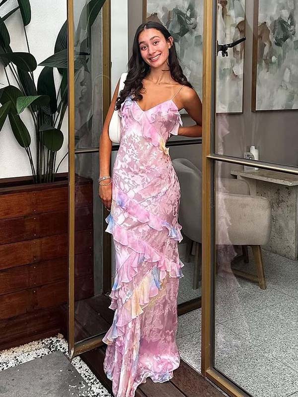 Floral Ruffle Maxi Dress with Spaghetti Straps – Summer Long Slip Prom Dress