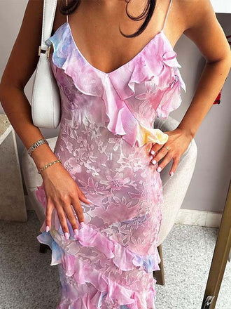 Floral Ruffle Maxi Dress with Spaghetti Straps – Summer Long Slip Prom Dress