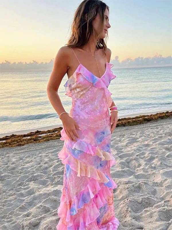 Floral Ruffle Maxi Dress with Spaghetti Straps – Summer Long Slip Prom Dress