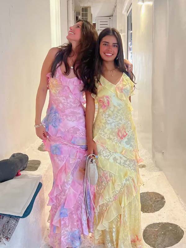 Floral Ruffle Maxi Dress with Spaghetti Straps – Summer Long Slip Prom Dress