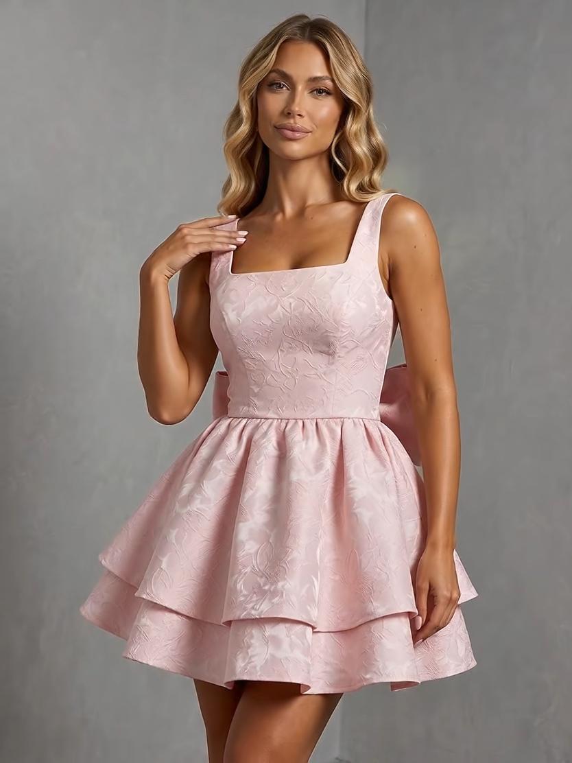 Gorgeous Jacquard Square Neck Tiered Backless with Bow A Line Mini Homecoming Dresses