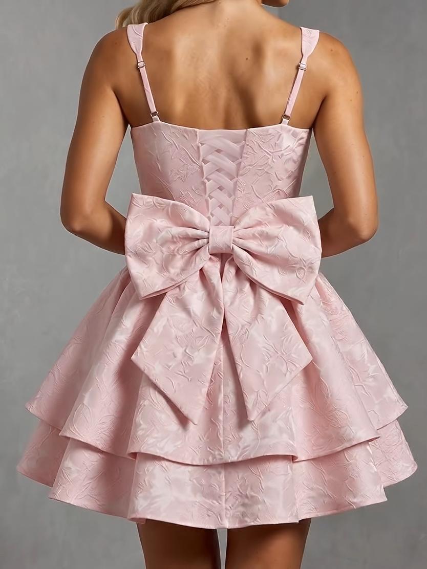 Gorgeous Jacquard Square Neck Tiered Backless with Bow A Line Mini Homecoming Dresses