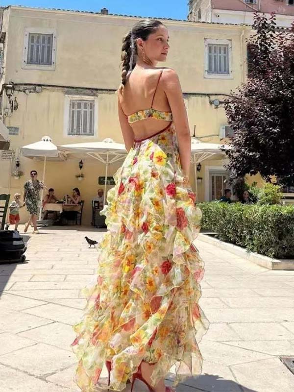 Floral Ruffled Open-Back Sheer Maxi Dress | Spaghetti Strap V-Neck Side Slit Gown for Weddings & Prom