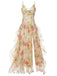 Floral Ruffled Open-Back Sheer Maxi Dress | Spaghetti Strap V-Neck Side Slit Gown for Weddings & Prom