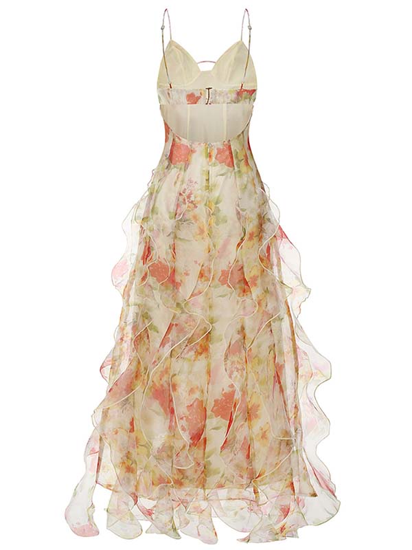 Floral Ruffled Open-Back Sheer Maxi Dress | Spaghetti Strap V-Neck Side Slit Gown for Weddings & Prom