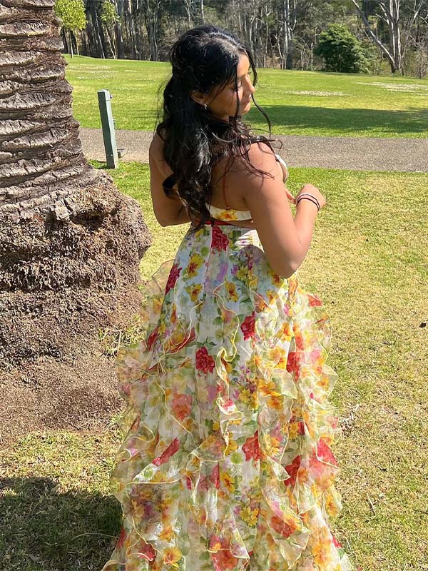 Floral Ruffled Open-Back Sheer Maxi Dress | Spaghetti Strap V-Neck Side Slit Gown for Weddings & Prom