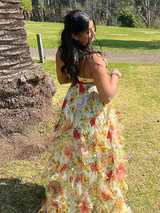 Floral Ruffled Open-Back Sheer Maxi Dress | Spaghetti Strap V-Neck Side Slit Gown for Weddings & Prom