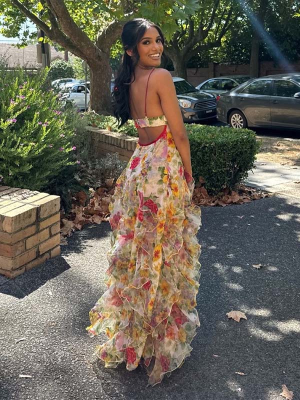 Floral Ruffled Open-Back Sheer Maxi Dress | Spaghetti Strap V-Neck Side Slit Gown for Weddings & Prom