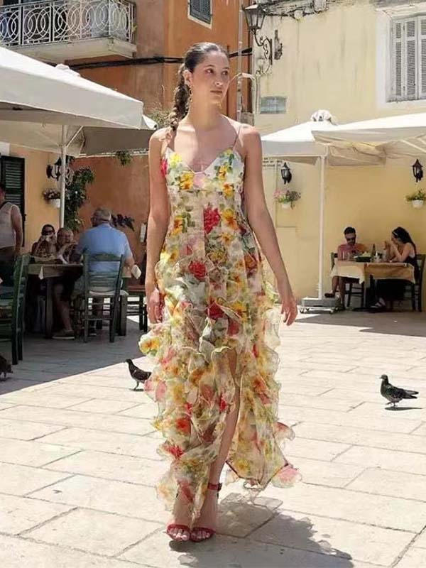 Floral Ruffled Open-Back Sheer Maxi Dress | Spaghetti Strap V-Neck Side Slit Gown for Weddings & Prom