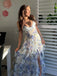 Romantic Blue Floral Ruffle Maxi Dress with V-neck Bodice & Sheer Layered Prom Dress