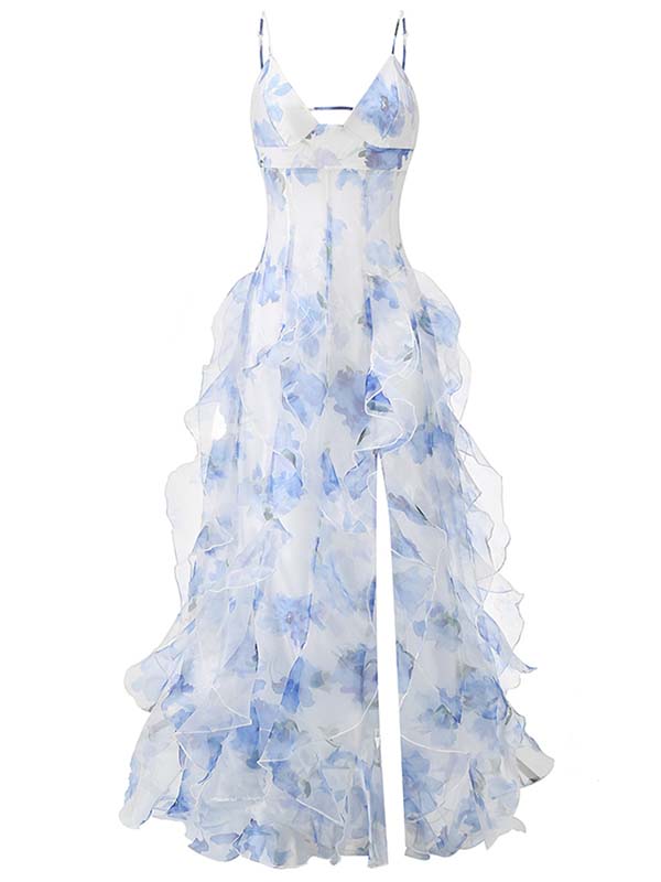 Romantic Blue Floral Ruffle Maxi Dress with V-neck Bodice & Sheer Layered Prom Dress