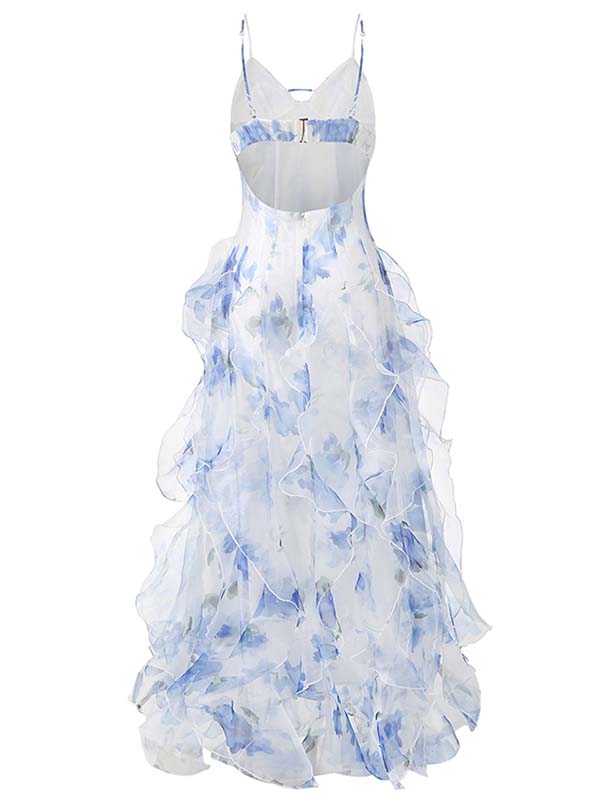 Romantic Blue Floral Ruffle Maxi Dress with V-neck Bodice & Sheer Layered Prom Dress