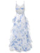 Romantic Blue Floral Ruffle Maxi Dress with V-neck Bodice & Sheer Layered Prom Dress