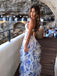 Romantic Blue Floral Ruffle Maxi Dress with V-neck Bodice & Sheer Layered Prom Dress