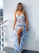 Romantic Blue Floral Ruffle Maxi Dress with V-neck Bodice & Sheer Layered Prom Dress