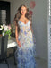 Romantic Blue Floral Ruffle Maxi Dress with V-neck Bodice & Sheer Layered Prom Dress