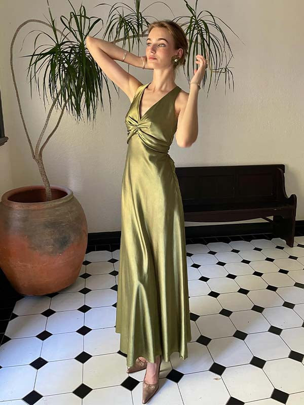 Satin Halter Cross Back Open-Back Maxi Dress - V-Neck Formal Gown for Weddings & Prom