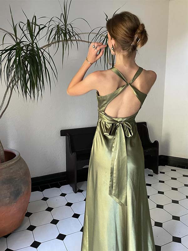 Satin Halter Cross Back Open-Back Maxi Dress - V-Neck Formal Gown for Weddings & Prom