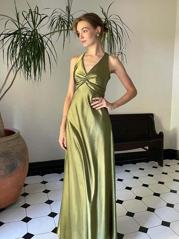 Satin Halter Cross Back Open-Back Maxi Dress - V-Neck Formal Gown for Weddings & Prom