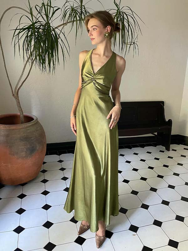 Satin Halter Cross Back Open-Back Maxi Dress - V-Neck Formal Gown for Weddings & Prom