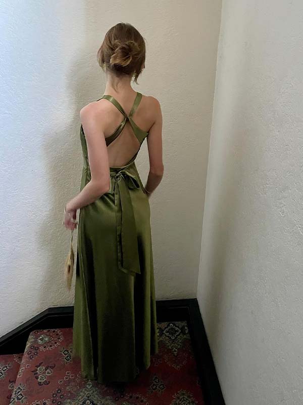 Satin Halter Cross Back Open-Back Maxi Dress - V-Neck Formal Gown for Weddings & Prom
