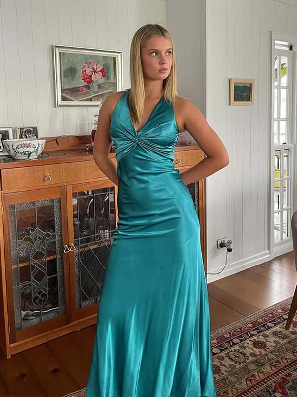 Satin Halter Cross Back Open-Back Maxi Dress - V-Neck Formal Gown for Weddings & Prom