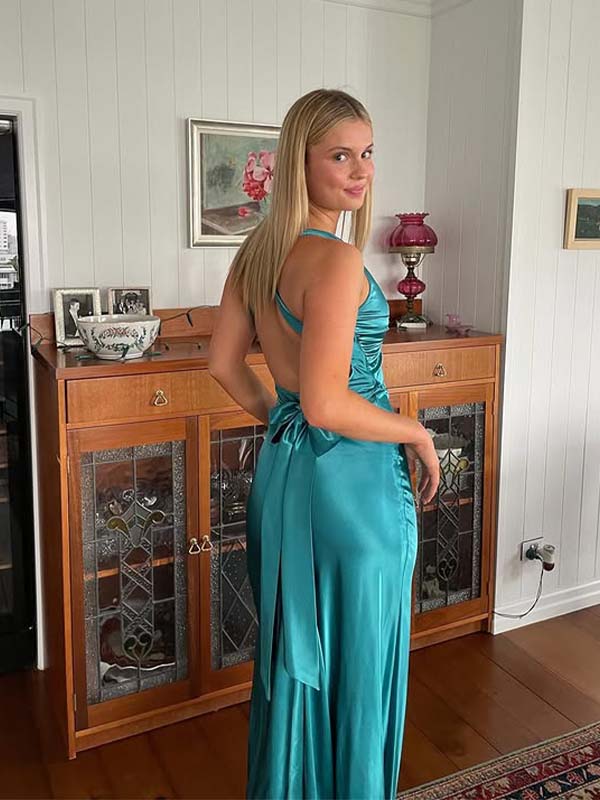Satin Halter Cross Back Open-Back Maxi Dress - V-Neck Formal Gown for Weddings & Prom