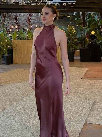 Satin Halter Turtleneck Open-Back Maxi Dress - Formal Gown for Weddings & Events