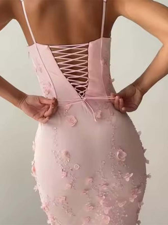 Pink 3D Floral Mermaid Maxi Dress | Square Neck Lace-Up Back Formal Gown for Weddings & Prom