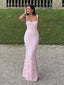 Pink 3D Floral Mermaid Maxi Dress | Square Neck Lace-Up Back Formal Gown for Weddings & Prom